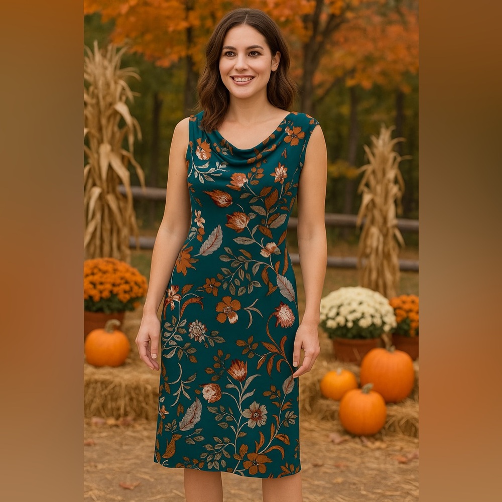 Connected Apparel Green Floral Midi Dress Women’s Size 8 Cowl Neck Stretch